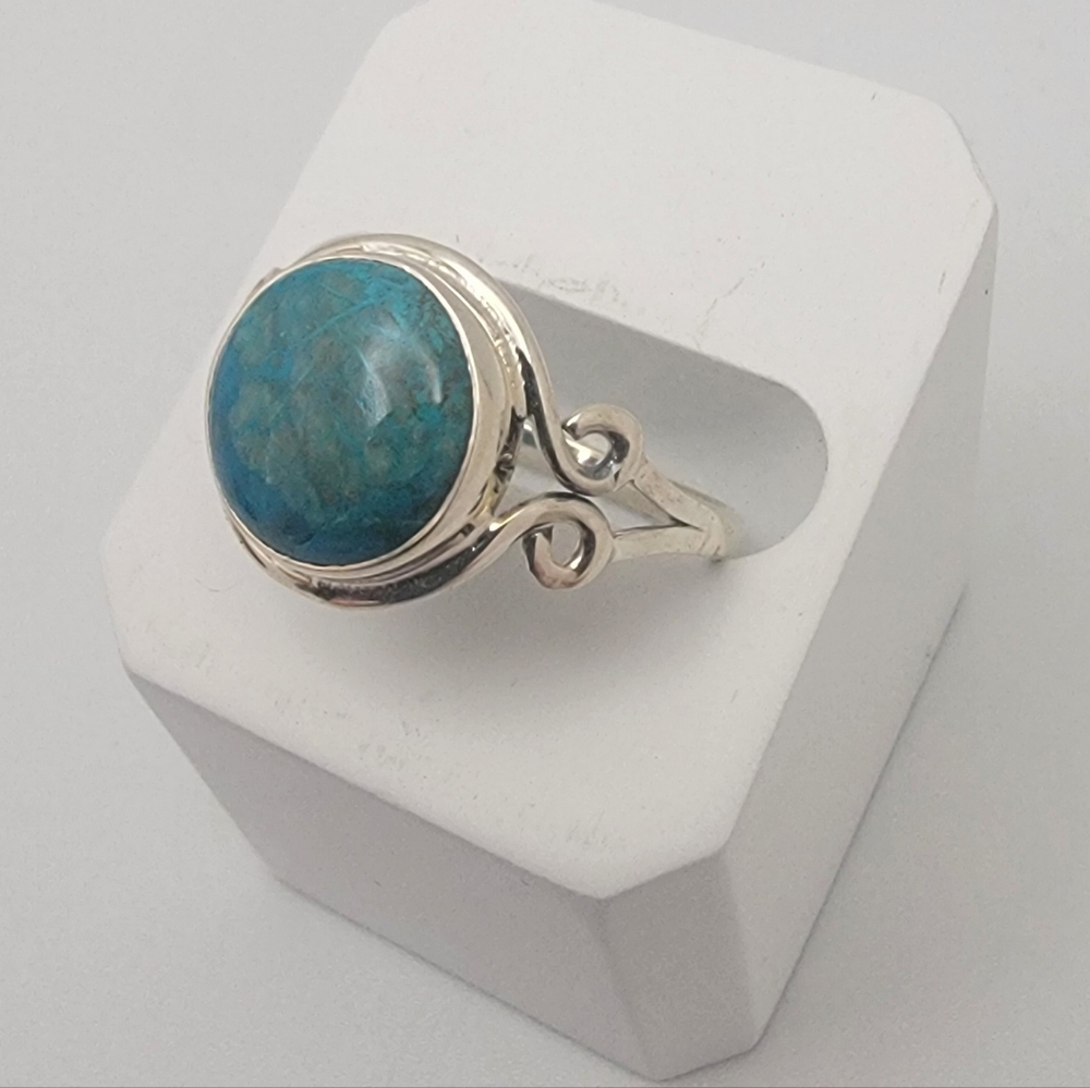 925 Sterling Silver Handcrafted Blue Shattuckite Gemstone Ring Size 10